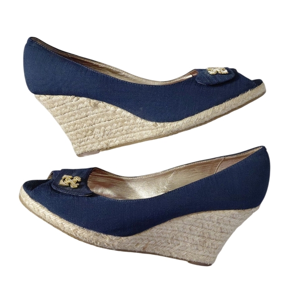 Lilly Pulitzer Blue Canvas Espadrille Wedge Peep Toe Nautical Shoes Size 9 - Picture 11 of 11